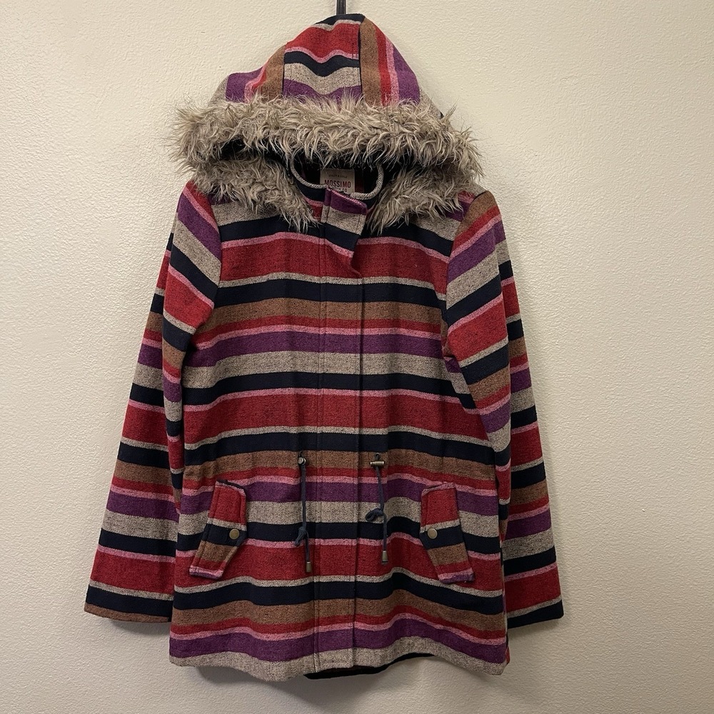 Missimo Supply Colorful Striped Y2K Jacket Faux Fur‎ Trim Hood Zipper Boho Sz XL
